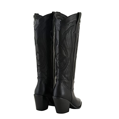 Stefaniya Nina Women's Modern Embroidered Western Black Cowgirl Knee High Boots Pointed Toe Fashion Classic Pull On Cowboy Shoes #TOP4