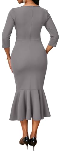 Image of VisiChenup Elegant Dress for Women V Neck Long Sleeve Midi Fishtail Dress | Elegant Dress for Women Long Sleeve Wedding Guest Cocktail Bodycon Dresses with Zipper