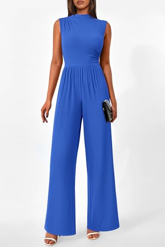 Image of PRETTYGARDEN Women's Summer Dressy Casual Jumpsuits | Cozy Ribbed Fabric, Sleeveless Mock Neck, Back Zipper, Pockets, Wide Leg Pants Rompers, Fashion Clothing, One Piece Outfits