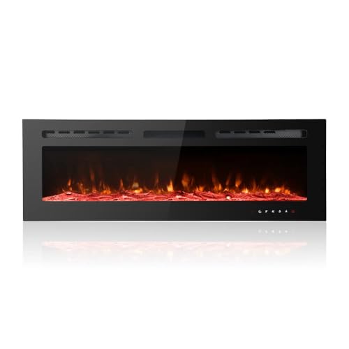 M.C.Haus Ultra-Thin Electric Fireplace Low Noise, 12 Variable & Breath Colors Flame, Recessed Wall Mounted Free Standing, Touch Screen & Remote Control, Crystal & Log Set(127cm/50inch)