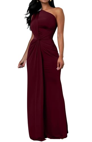 Memoriesea Women's Elegant Sleeveless One Shoulder Bodycon Evening Cocktail Maxi Dress Burgundy