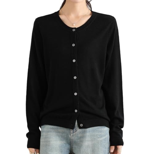 Women's 100% Merino Wool Crew Neck Cardigan Sweater Top Long Sleeve Button Down 2025