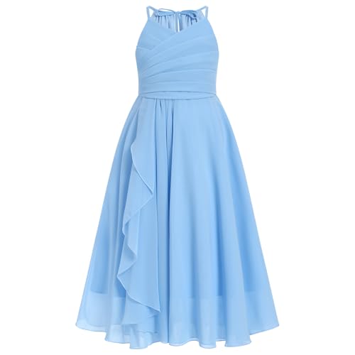 IBTOM CASTLE Flower Girls Dress Halter Pleated Chiffon Junior Bridesmaid Dress Wedding Flowy A-line Party Pageant Prom Dress