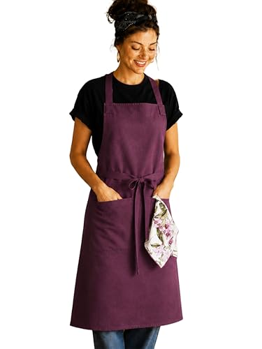 Image of Kitchen Apron - 100% Cotton, Adjustable Neck strap, Large Pocket - Unisex Apron for Men & Women - Cooking, Baking, BBQ, Gardening - Solid Colours, Striped and Checkered Patterns