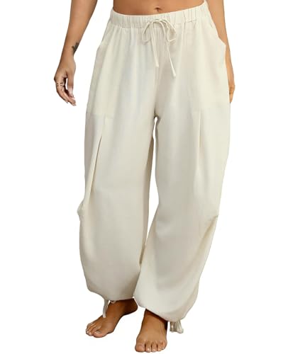 Image of Women's Linen Balloon Barrel Beach Pants Boho Harem Flowy Drawstring Casual Loose Pants with Pockets
