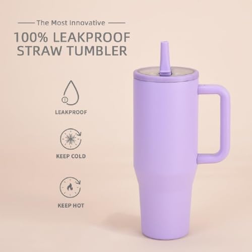 Image of 1200ML Stainless Steel Tumbler with Handle & Flip Straw | Leak Resistant, Insulated Water Bottle with Rubber Base | Travel, Gym & Car Cup Holder Friendly (Lavendar)