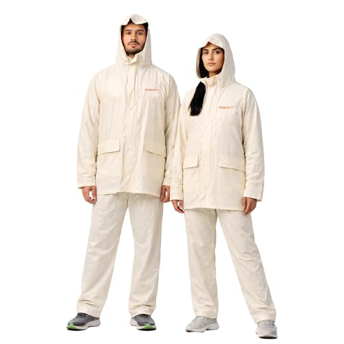 Image of Robustt PVC Waterproof Rain Suit for Men & Women (Size-M to L) White Rain Coat with Hood, Air Vents & Reflective Strip| Bike Raincoat Pants with Elastic Waist & Snap Button Hem| Unisex Rain Jacket