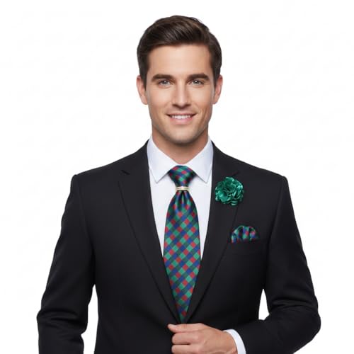 Image of 5PCS Mens Premium Silk Tie, Pocket Square, Cufflinks, Drilled Tie Ring and Lapel Pin Set for Wedding Groom Party
