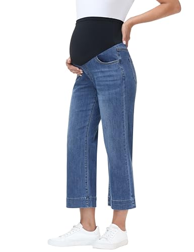 CEITAJUI Womens Maternity Jeans Cropped Pants Darkblue L