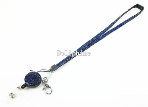 Breakaway Multi Colors Crystal Rhinestone Lanyard Keychain with Retractable Reel (19 Colors for Choice) (Dark Blue)