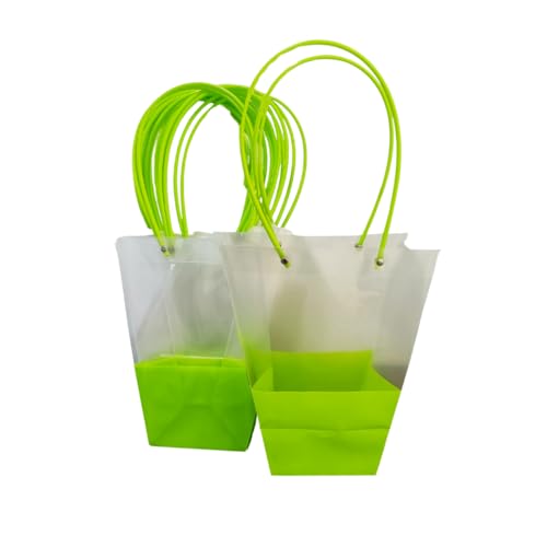 Image of Oasis Pack Of 10 Multipurpose Medium Size Waterproof Bags With Handles For Floral Arrangement - Retail ,Bulk, Florist Supply, Gift Hamper Bags For Rakhi, Birthday, Diwali, House Warming, Party Favour | 26 cm X 24cm X 12cm - Transparent Dual Color Green