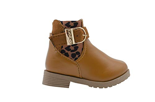 bebe Toddler Girls Little Kid Slip On Short Ankle Boots with Leopard Print Elastic Shaft and Buckles Cognac Size 7