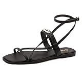 Women's Ankle Strappy Flat Sandals Comfort Gladiator Sandals Summer Casual Dressy Slides Open Toe Adjustable Buckle Slippers(Black 8)
