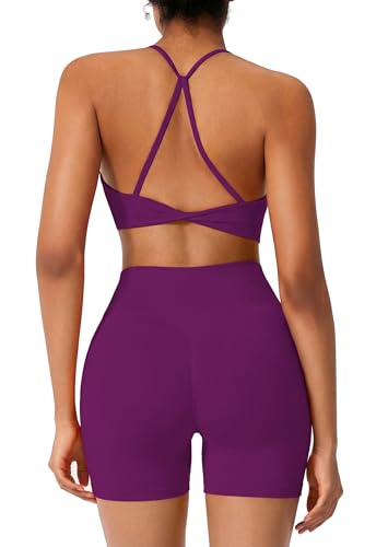 RXRXCOCO Workout Sets For Women 2 Piece Gym Yoga Sets Cute Matching Pilates Sets Biker Shorts Outfits Purple M — view 2