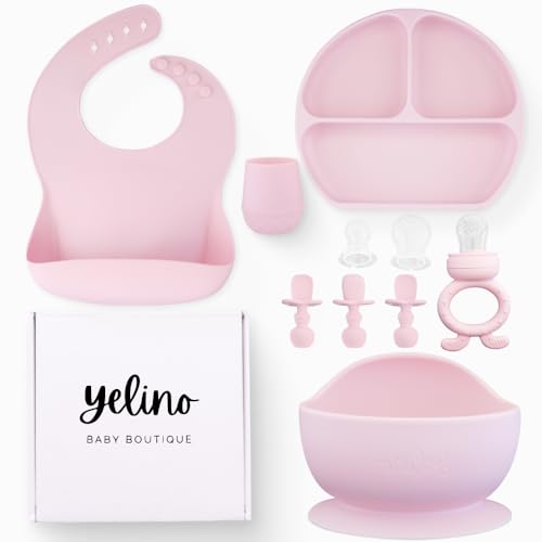 Image of Yelino™ Silicone Baby Feeding Set - Baby Led Weaning Supplies - Divided Plate Suction Bowl Bib Cup Spoons Fruit Feeder - First Stage Solid Food Eating Utensils - Ideal Baby Shower Gifts - 6+ Months