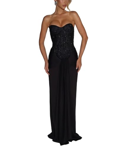 GRMLRPT Women Sexy Strapless Prom Maxi Dress Sparkly Sequin Long Dressees Ruched Tie Waist Party Formal Evening Gown Black M