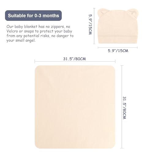 Image of BQUBO 3 Sets Cotton Baby Swaddle Blankets Swaddling Wrap with Hats Mittens Newborn Soft Silky Nursery Receiving Blanket Cute Bear Ears Hat Elastic Gloves Set for Unisex Baby 0-3 Months