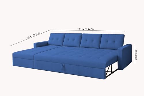 Image of Emilio 6 Seater LHS L - Shape Pull-Out Sofa Cum Bed Sofa for Living Room (Blue Fabric Color) Premium Fabric Sofa Set for Living Room Sofa Cum Bed