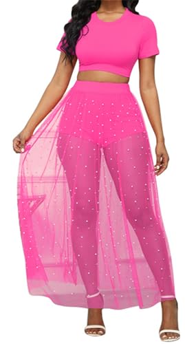 Womens Sexy 3 Pieces T-Shirts Tops Bodycon Shorts Mesh Pearls Skirts Party Clubwear Beach Outfits Set3