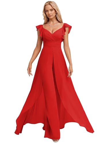 WILLHYDTF V-Neck Bridesmaid Jumpsuit Red US8