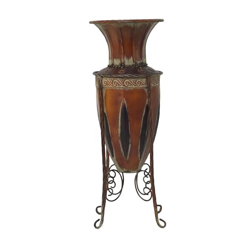 Deco 79 Metal Decorative Vase Tall Centerpiece Vase with Attached Metal Stand and Intricate Design, Flower Vase for Home Decoration 9″ x 9″ x 27″, Brown