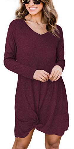 iGENJUN Women's Long Sleeve V Neck Side Knot Sweater Tunic Dress,Wine Red,L