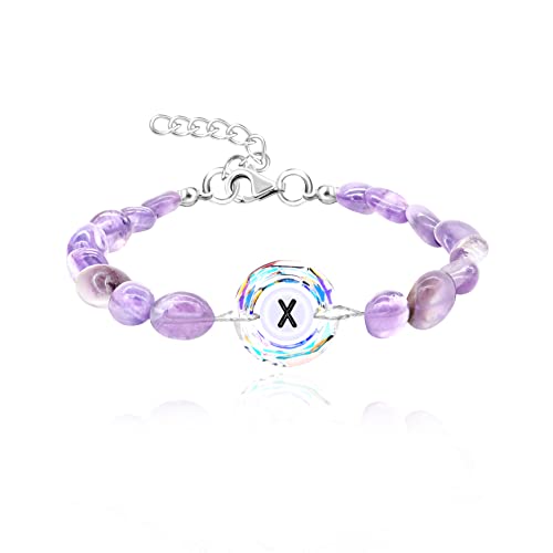 Image of Uloveido Purple Natural Stone and Austrian Crystal Letter Bracelet, Personalized Initial Jewelry for Women A-Z 26 Letters