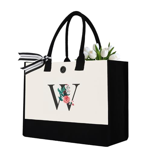Image of Initial Canvas Tote Bag, Monogrammed Tote Bags Suitable for Mother's Day Wedding Beach