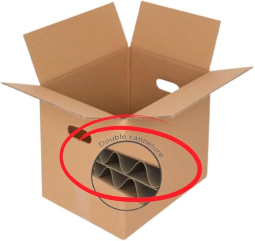 Lot de 5 ou 10 cartons de déménagement double cannelure avec poignées – 34,5 x 27 x 30 cm – 28 L – très haute résistance jusqu’à 30 kg – idéal livres, vaisselle, verres, assiettes (5)