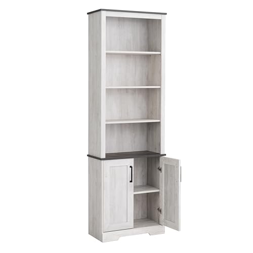 Image of Prepac Rustic Ridge Bookcase with Doors, Washed White Storage Cabinet with Doors and Shelves, Accent Cabinet 26 inch W x 79.75 inch H x 12.5 inch D, ASBR-1630-1