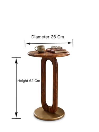 Image of REDWOOD Sheesham Wood End Table | Round Sofa Side Table for Living Room, Bedroom & Lounge | Modern Accent Furniture with Open Pedestal Base | Compact Space Saving Utility Stand | Brown & Golden