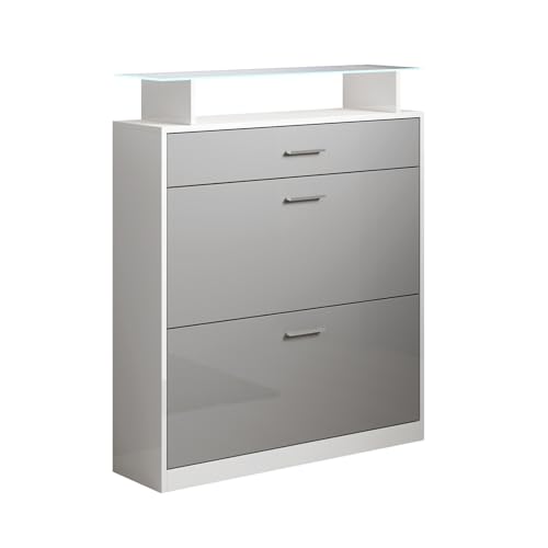 MB Muebles Bonitos | Recibidor Zapatero Paola con Luz LED para Recibidor | Diseño Moderno | Melamina Brillo | Color Blanco y Gris | 89x105x24 cm