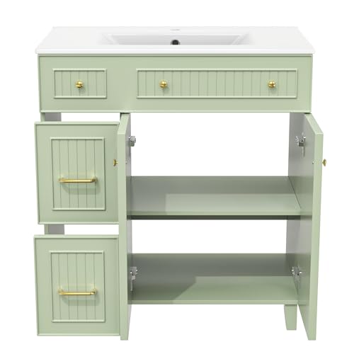 Mueble de lavabo de pie verde de 82 cm con cajones y patas de madera 6