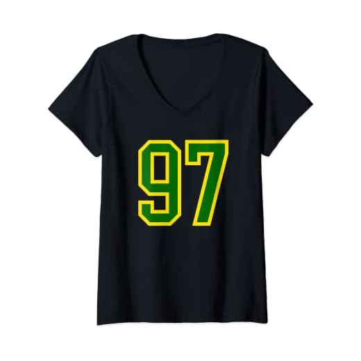 Mujer Número de camiseta # 97 de cumpleaños verde amarillo número deportivo 97 Camiseta Cuello V