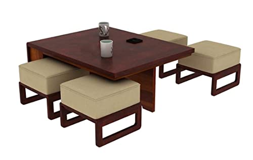 Image of Solid Sheesham Wood Coffee Table with 4 Stool | Rectangle Centre Table with Stool | Center Table with 4 Stools for Living Room | Patio Table with 4 Puffy for Home | Mahogany Brown Finish