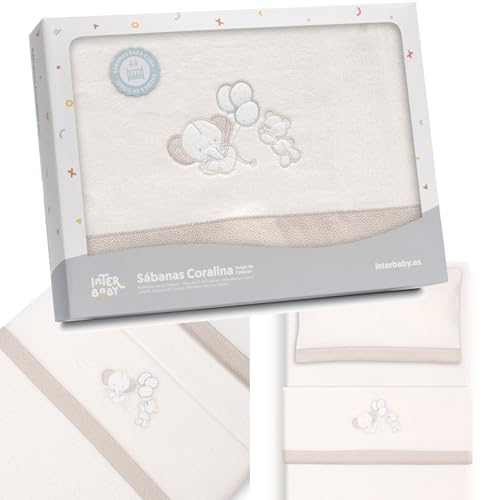 mibebestore Sabanas de Invierno CORALINA Extrasuave MINICUNA 50x80   (Bajera+encimera+Funda Almohada)   Color: Beige   Oferta