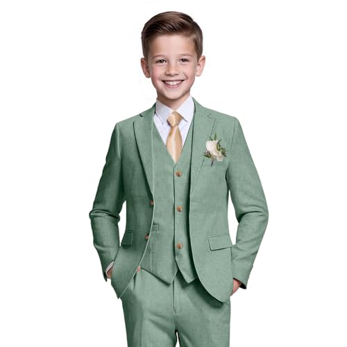 Reviews de Trajes y Blazers para Niño los más recomendados. 47 Traje de lino transpirable de 3 piezas para niños, ajuste delgado, traje de lino para adolescentes, conjunto de chaleco, Verde salvia, 6