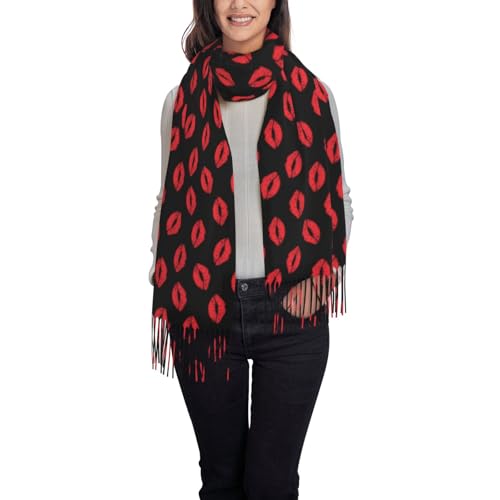 Sexy Red Lips Kiss Print Women'S Warm Scarf Tassel Scarf Shawl Warm Ladies Fringed Shawl Wraps