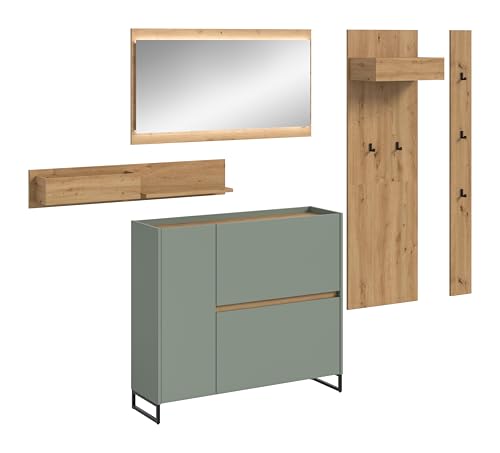 xonox.home – 5 teilige Garderobenkombination Drive 236x192x32 cm in Salbei und Artisan Oak Nachbildung – Set mit Spiegel, Paneel & Schuhkommode – Moderne Garderobe für Diele & Eingangsbereich