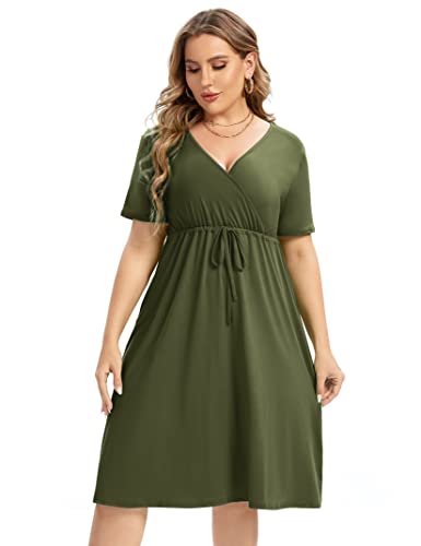 Image of Plus Size Dress Women's V Neck A-Line Knee Length Wrap Mini Dress with Belt Plus Size Dresses for Curvy Womenolive-cs 5X-Large