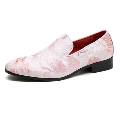 Mens Fashion Chinese Embroidery Slip-On Dress Loafers Pointed Toe Chunky Heels Non-Slip Smoking Shoes for Business Casual Dress Prom Party