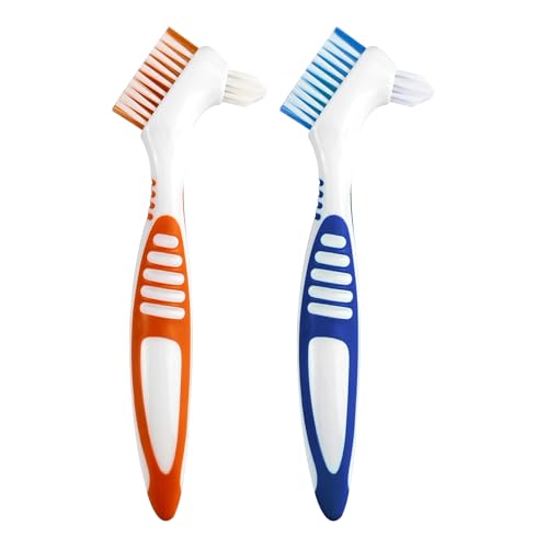 Random Color 2 Premium Dual-Sided Denture Cleaning Brush with Multi-Layered Soft Bristles and Rubber Anti-Slip Handle - Portable Teeth Cleaning Tool for Efficient Denture Care (2)