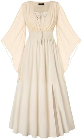 SCARLET DARKNESS Damen Renaissance Korsett Kleid Mittelalter Maxi Kleider | V-Ausschnitt, 3/4 glockenärmel, Hohe Taille, Gesmoktes Rückenteil, Schlitz vorne links am Saum, Kostüm f