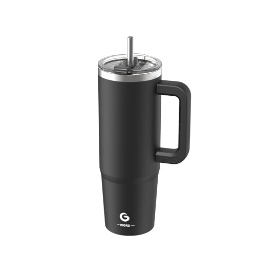 BIGRD Vaso Térmico 890ml (30oz) Doble Pared Acero Inoxidable con Paja - Termo de Vacío Antifugas con Tapa y Asa, para Café Caliente/Frío, Oficina, Viaje, Coche (negro)