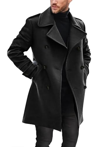 Ryannology Men's Notched Collar Trench Coat Double Breasted Long Winter Pea Coats Windbreaker Business Wool Blend Jacket