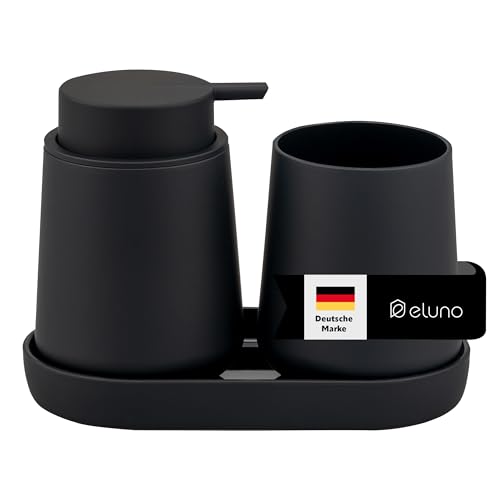 eluno Badezimmer-Set TESERO mit Soft-Touch Oberfläche, Bad-Accessoires Set 3tlg. bestehend aus 1x Seifenspender, 1x Becher und 1x Schale, ideal für Badezimmer und Küche aus Kunststoff (Schwarz)
