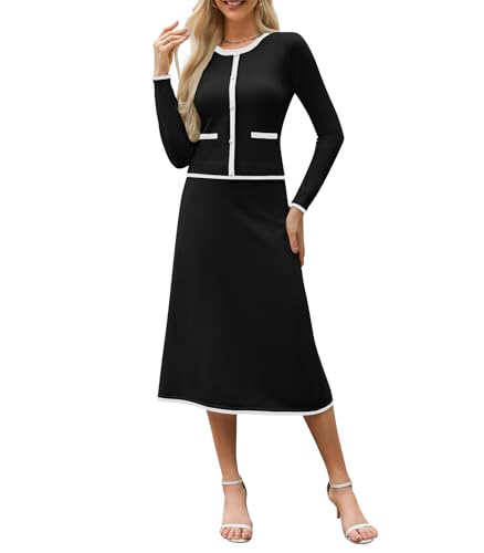 Women's Two Piece Skirt Sets Dressy Casual Knit Long Sleeve Button Crewneck Tops and Midi Dresses Matching Set Fall Outfits Black
