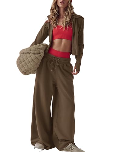 Women's 2pieces Casual Lounge Tracksuit set Workout Sweatpants Athletic Wide Leg Pants with Pockets
