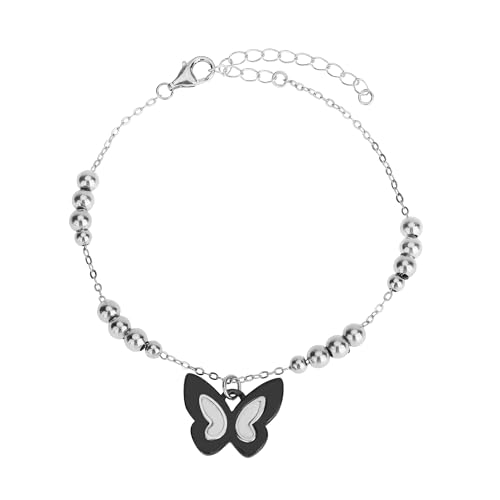 925 Sterling Silver Butterfly Bracelet with Beaded Chain, White Ceramic Charm,hollow out and Adjustable Length,Suitable for Mother's Day and Valentine's Day gifts