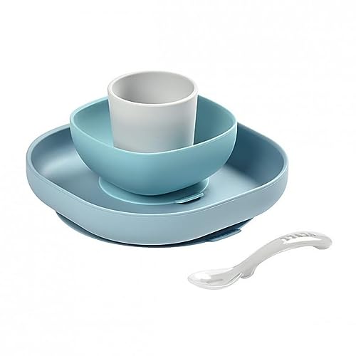 Set vaisselle silicone BÉABA Galet avec assiette à ventouse, bol, verre et cuillère pour bébé